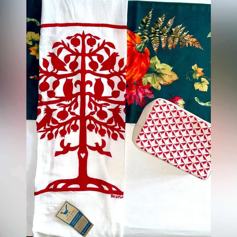 Tree of Life Pattern Dish Towel Red & White Birds Owl Nature Kitchen Makeup Bag